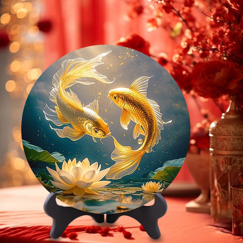 金色锦鲤摆台装饰画招财摆件居家玄关桌子柜子茶几摆画房间装饰品|undefined