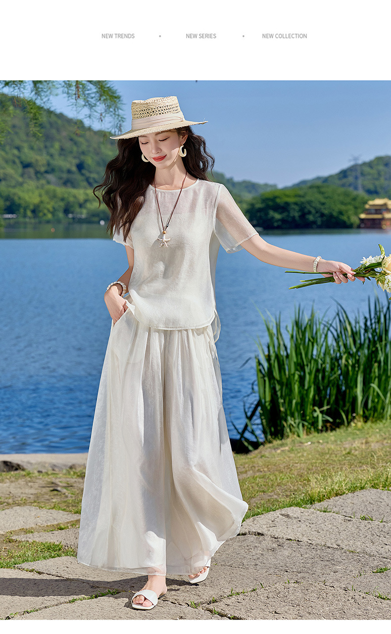 Bộ quần áo hai mảnh sơ mi hoa văn nổi quần ống rộng phong cách Trung Quốc mới — Xanh lá cây nhạtcolor, màu trắng chi tiết 28
