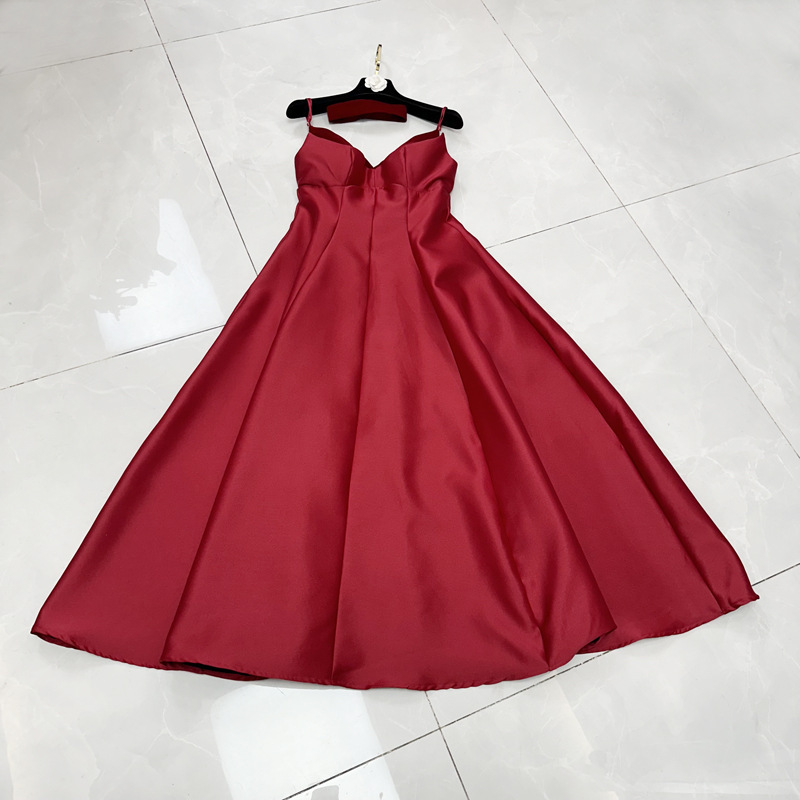 Ten three lines French velvet stitching sling waist draping big hem small black dress dress A3#6589