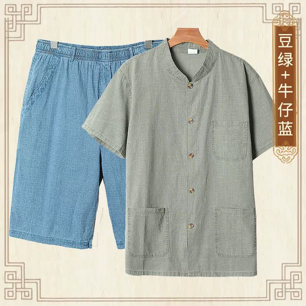 Bean green + denim blue [linen top + shorts]