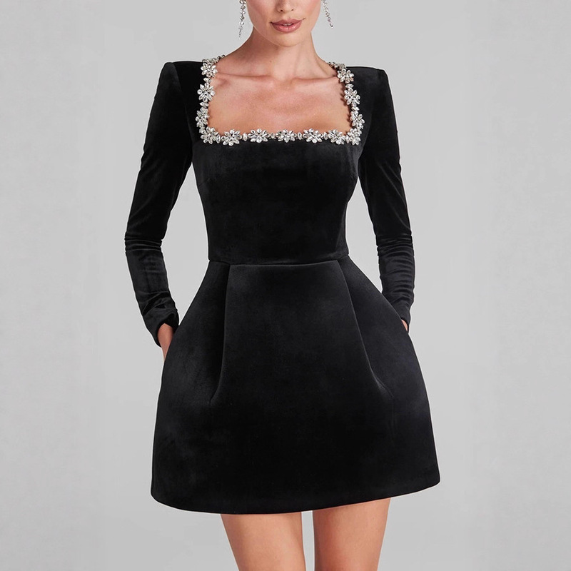 European and American Cross-Border Export Women's Clothing Amazon 2025 Autumn and Winter Elegant Square Collar Diamond Short Velvet Dress European and American Cross-Border Export Women's Clothing Amazon 2025 Autumn and Winter Elegant Square Collar Diamond Short Velvet Dress
