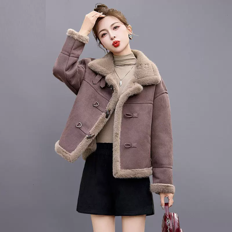 皮毛一体羊羔毛厚外套女冬2025新款小个子短款仿鹿皮绒机车服上衣