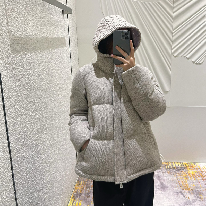 2025 L*P Winter New Style Wool Cashmere Silver Thread Goose down Jacket Soft and Comfortable Hooded Knit Coat