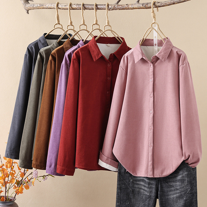 2024年冬装 文艺范加绒加厚灯芯绒纯色女衬衫休闲上衣批发潮