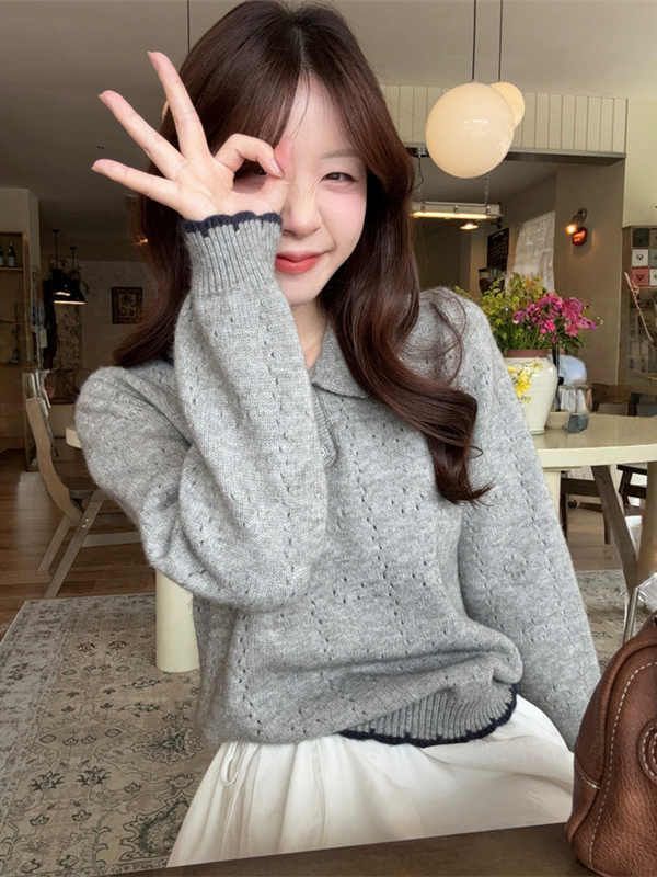 刺绣拼色翻领毛衣女2025秋季新款韩系设计感减龄宽松长袖针织上衣|undefined