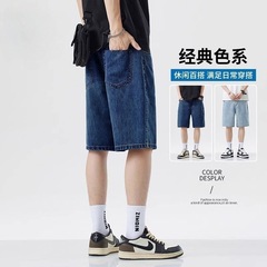 夏用の薄いメンズ快適なデニムショートパンツ、ルーズストレートレッグ5分丈パンツ、特大のルーズシンプルショートパンツ