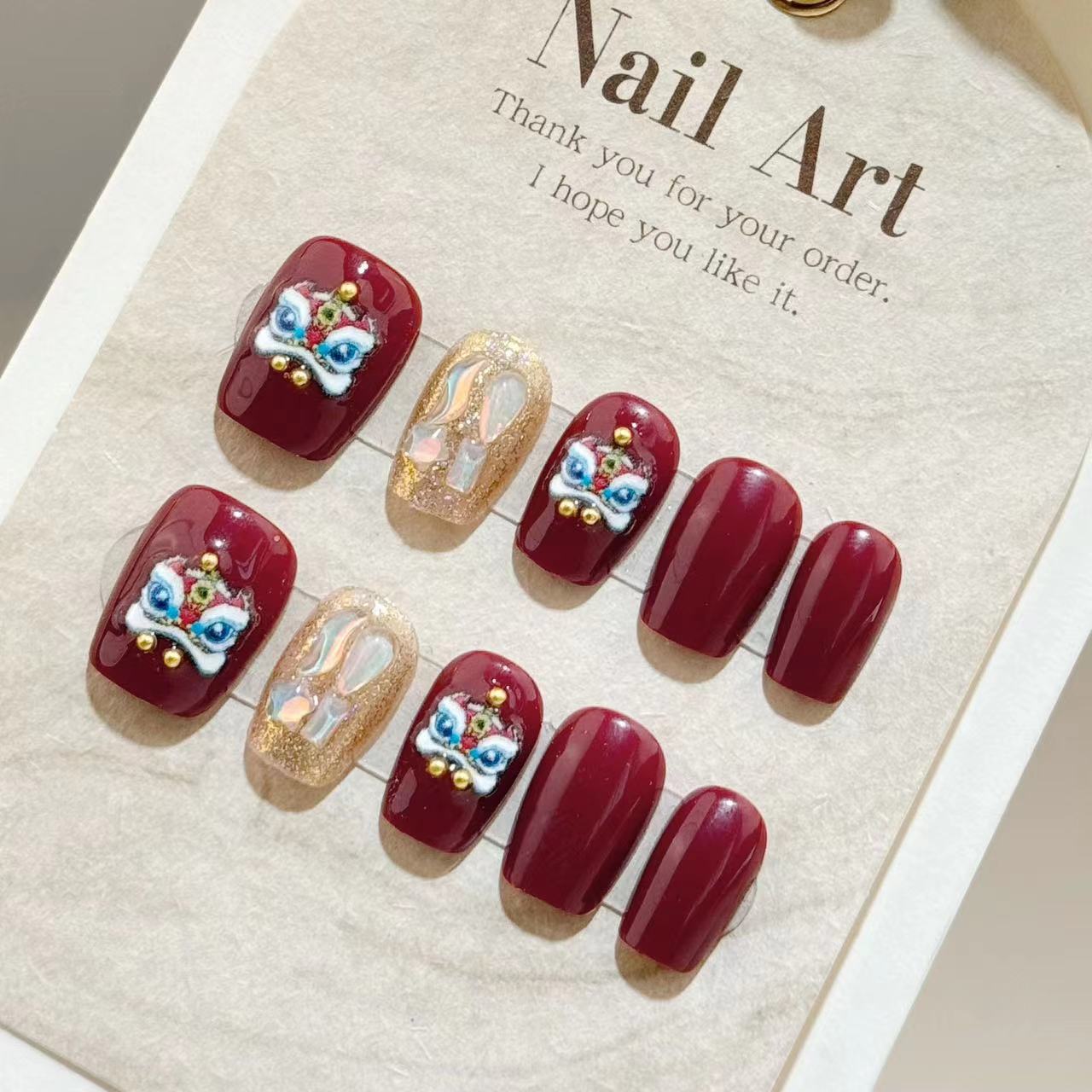 ¡Xingshi NAFU! Año nuevo armadura Lucky Flash con diamantes uñas falsas blanco corto estilo chino Año Nuevo