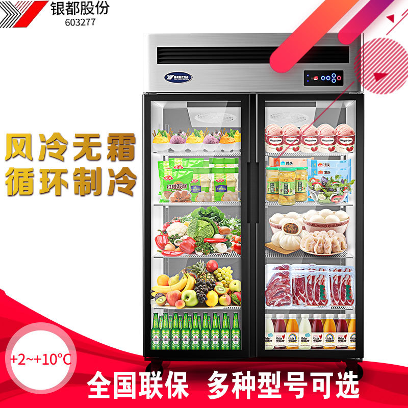 银都双门饮料柜商用冰柜双门立式冰箱陈列柜超市冷藏风冷展示柜