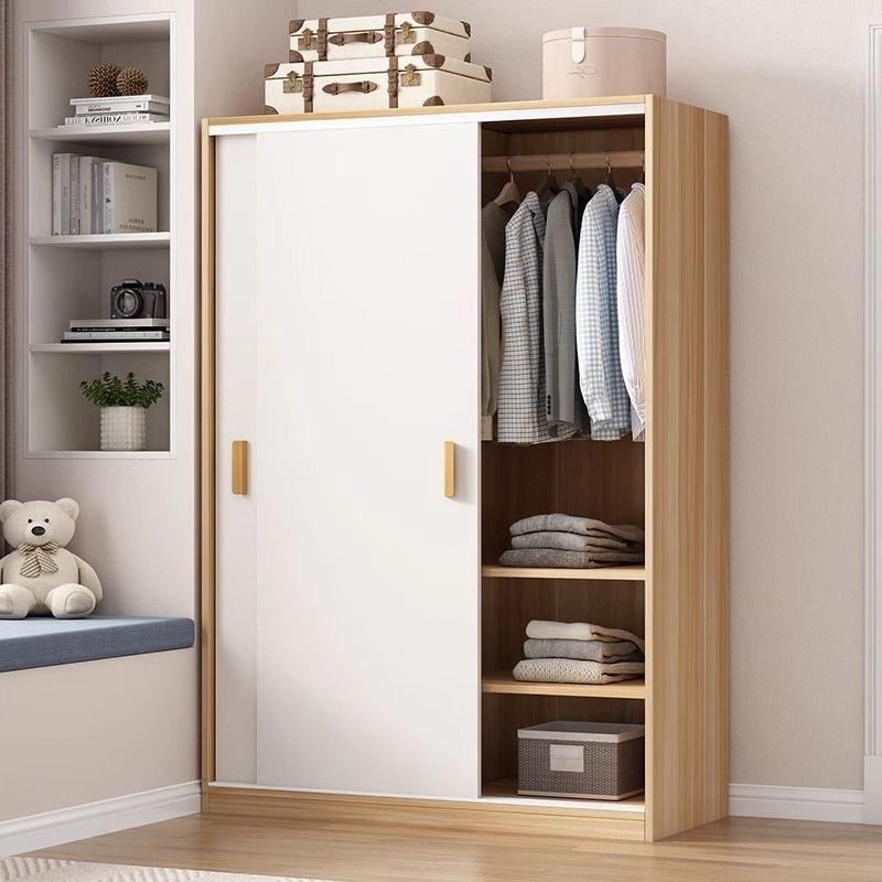 Bedroom Wardrobe for Home Use, Simple Assembly, Wooden Sliding Door, Small Apartment Cabinet, Rental Room Use, No Installation Required, Hanging Wardrobe