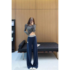 早秋新款时尚条纹撞色拼接运动休闲裤南油女高级感显瘦高腰阔腿裤