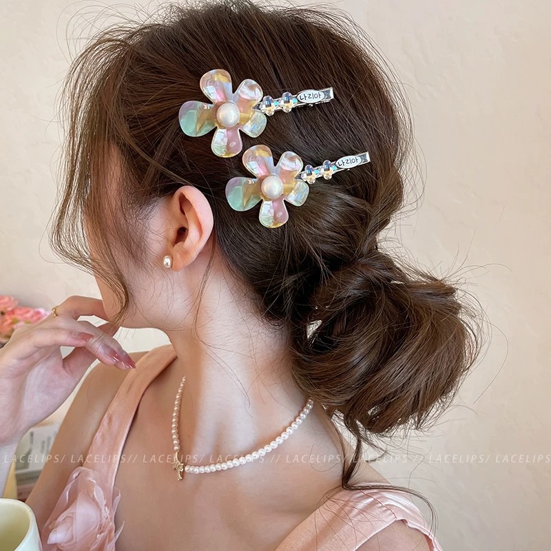 35# iridescent shell pattern floral pearl dazzling crystal hair clips [pair]