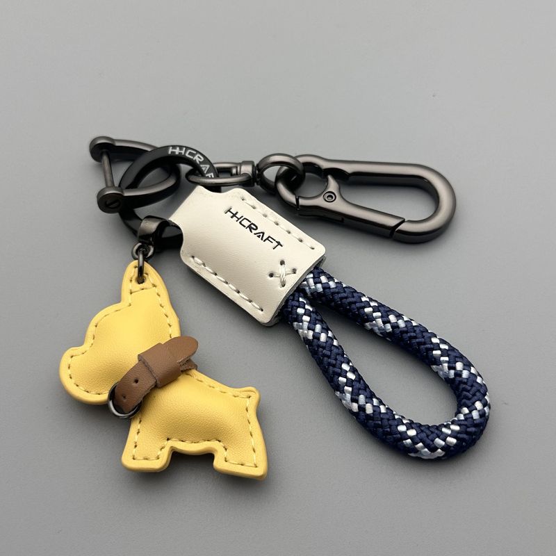 漫画かわいいフレンチブルドッグ子犬キーホルダーペンダント車のキーチェーンリング革手織りロープバッグペンダント|undefined