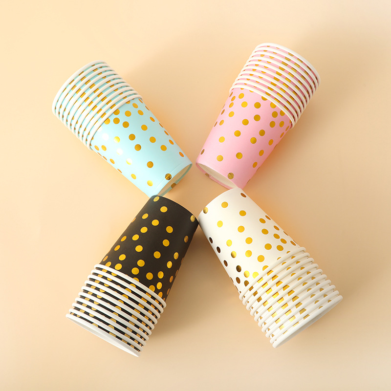 Cross-border supply hot selling 9oz disposable gold-stamped dot paper cup birthday party wholesale polka dot paper plate paper cup
