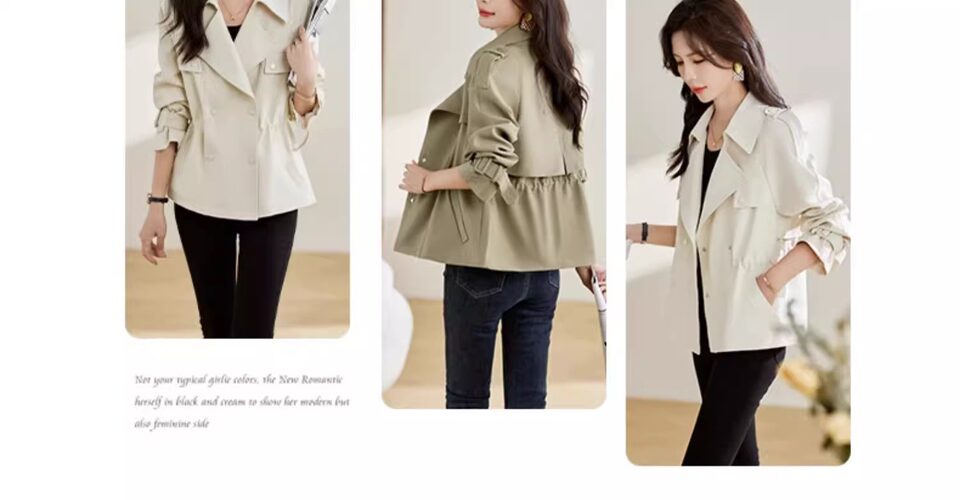 Áo khoác gió kaki nữ dáng ngắn có dây rút, dài tay, cổ lật — Khaki (có sẵn), Đen (Còn hàng) chi tiết 3