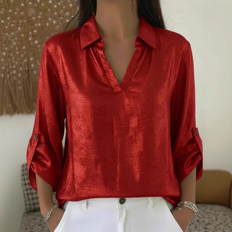 New European and American Independent Station Aliexpress Amazon Casual Loose Women's Gold-Stamped V-Neck Pocket T-Shirt Blouse Top