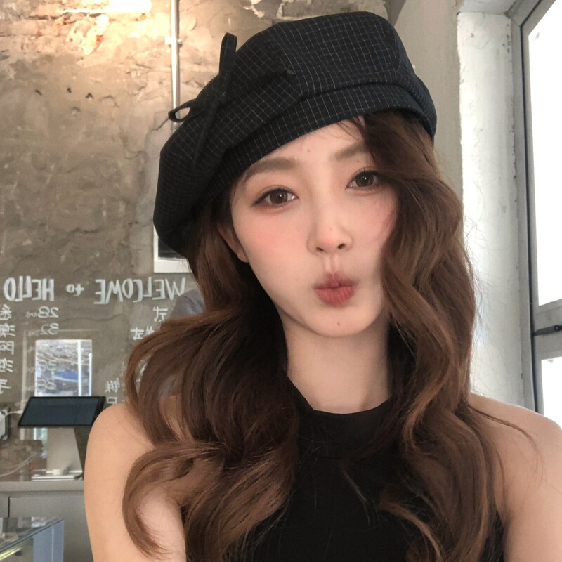 2026 New Style Black Bow Beret Plaid Retro Painter Hat Sweet Hat That Makes the Face Look Smaller
