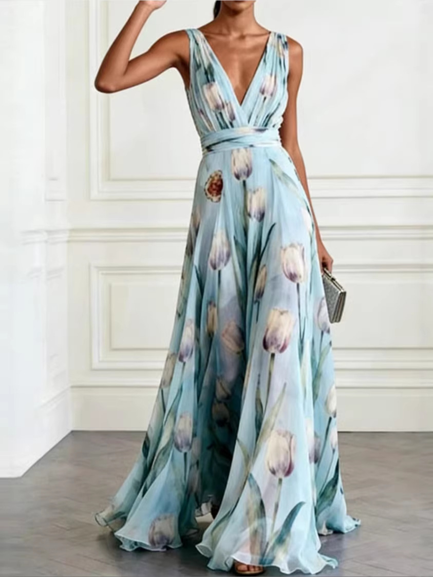 Robe transfrontalière européenne et américaine, imprimé tulipe bleue, style banquet, sans manches, col en v, nouvelle collection été 2026