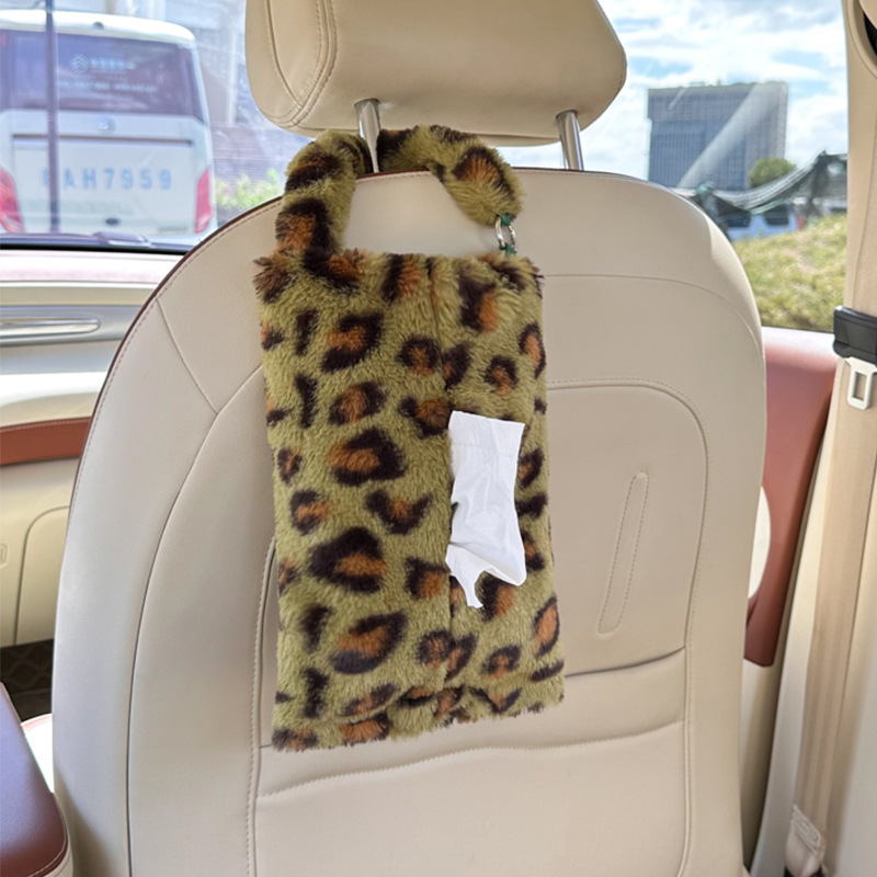 Cross-Border Leopard Print Car Tissue Box Plush Hanging Car Seat Tissue Box Cute Car Interior Decoration Tissue Hanging Bag