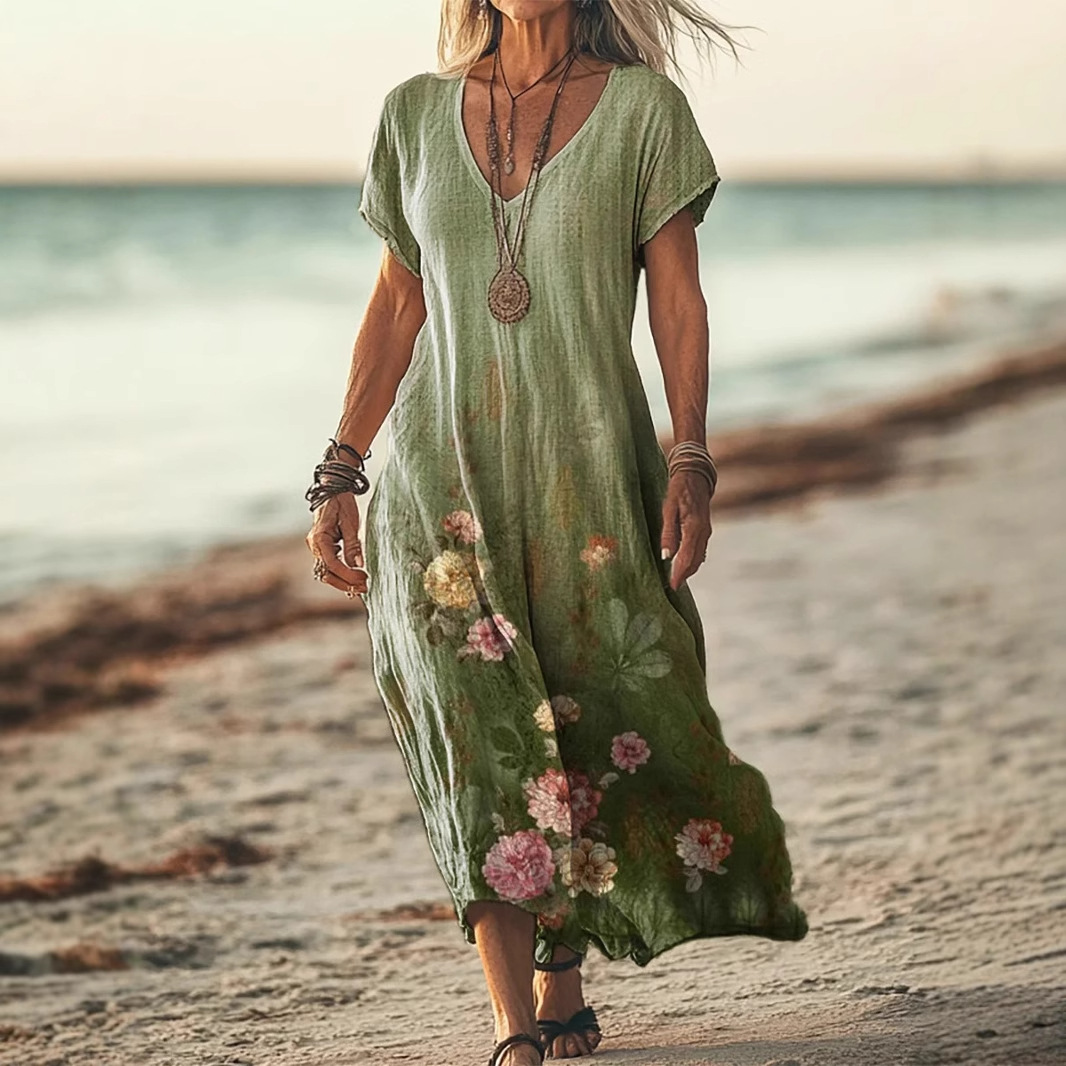 Creative Floral Women's Summer V-Neck Short Sleeve Dress, Mid-Length Dress_ecoleips.com