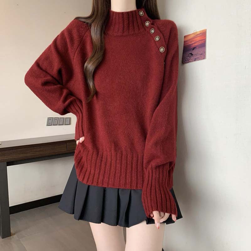 日韩跨境秋冬新款简约韩版半高领针织毛衣女大码百搭休闲上衣外套|undefined