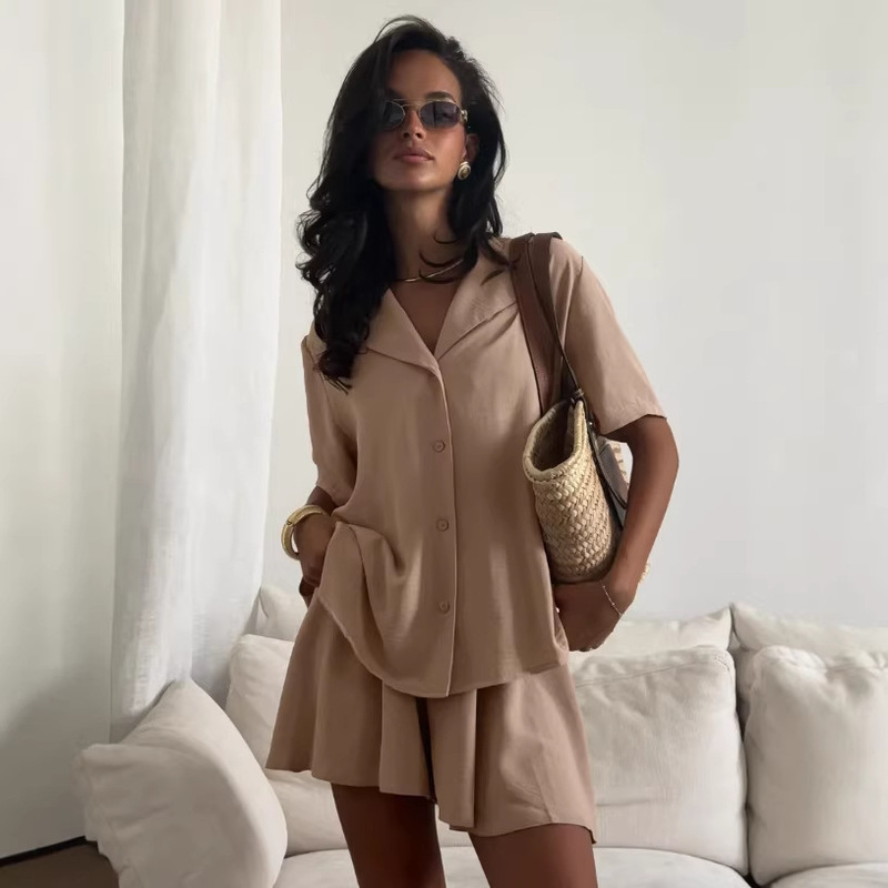 Cross-Border European and American Women's Clothing 2026 Spring/Summer New Casual Vacation Style Short-Sleeve Cardigan and Shorts Set, Dual-Purpose Loungewear Cross-Border European and American Women's Clothing 2026 Spring/Summer New Casual Vacation Style Short-Sleeve Cardigan and Shorts Set, Dual-Purpose Loungewear