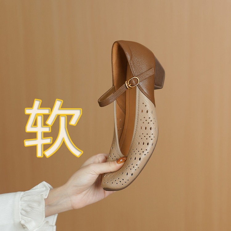 Giày da cừu nữ mũi tròn bít gót trung đế mềm lỗ thoáng khí — màu đen, màu mơ chi tiết 90