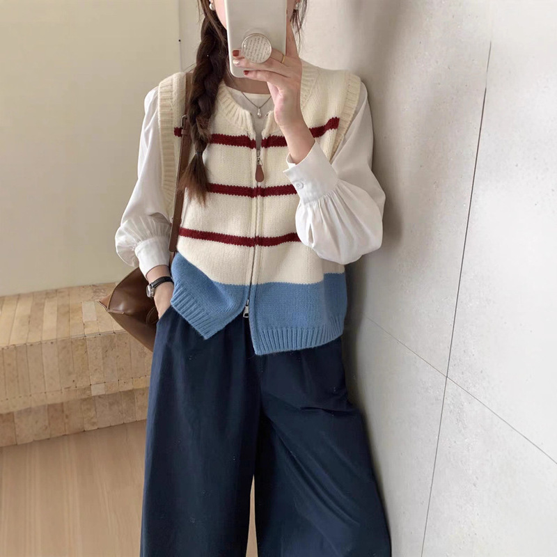 Double Zipper Cardigan Knitted Vest for Women 2025 Autum New Loose Outer Vest Round Neck Sweater Vest