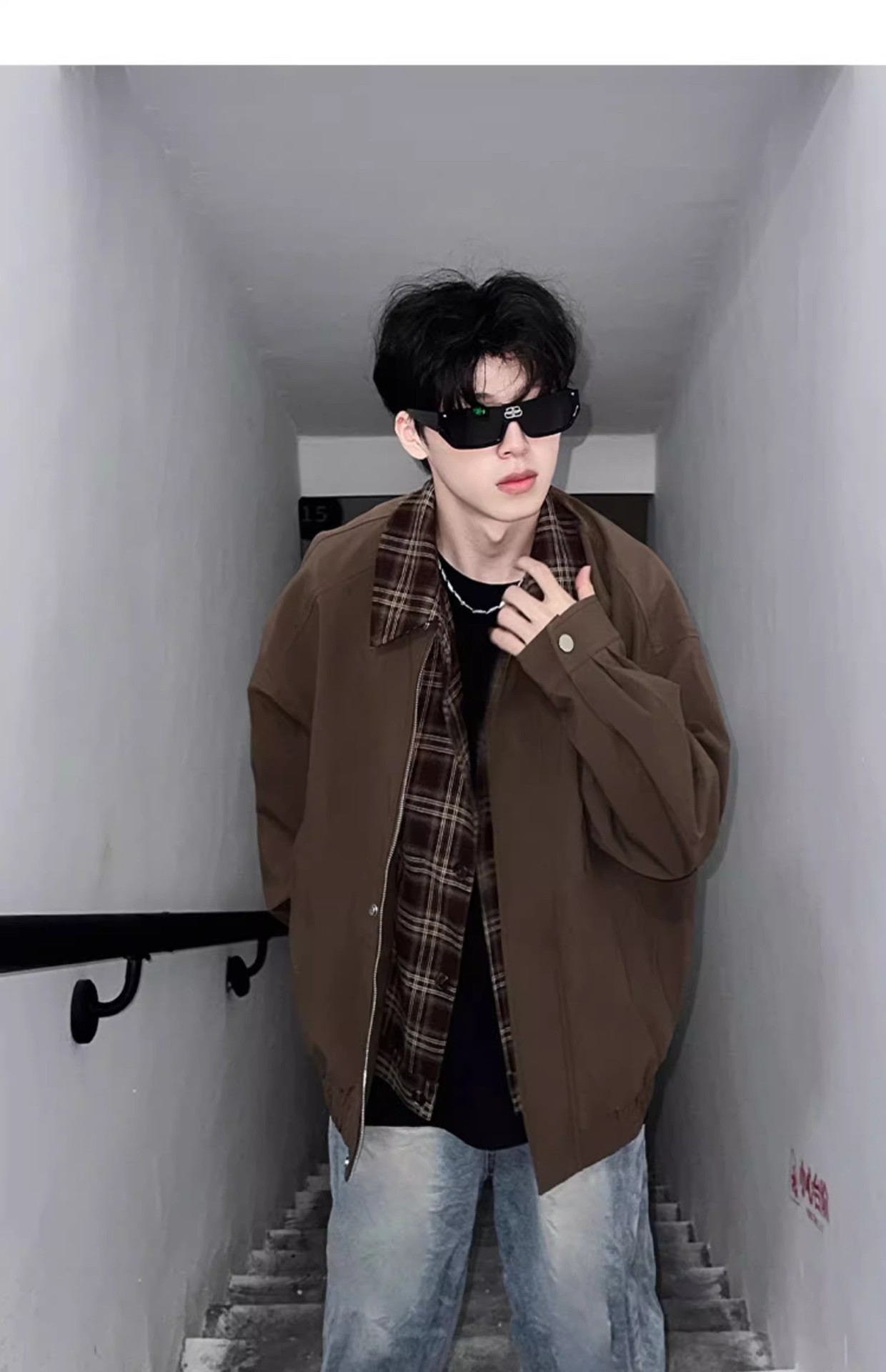 Casual And Cool Workwear Plaid Lapel Patchwork Jacket, Men's Trendy Loose Jacket_voghion.com