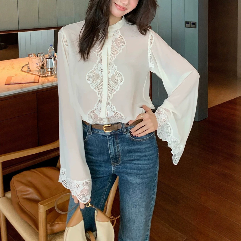 White Lace Patchwork Shirt for Women, Spring and Autumn French Retro See-Through Top R031 White Lace Patchwork Shirt for Women, Spring and Autumn French Retro See-Through Top R031