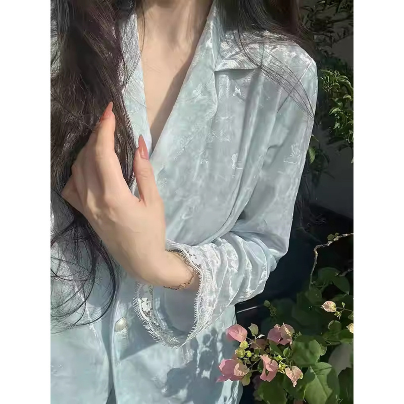 Exquisite and Luxurious Ice Silk Pajamas for Women, Autumn and Winter 2024 New Style, Lace-Trimmed, High-End Fashionable Home Wear Set