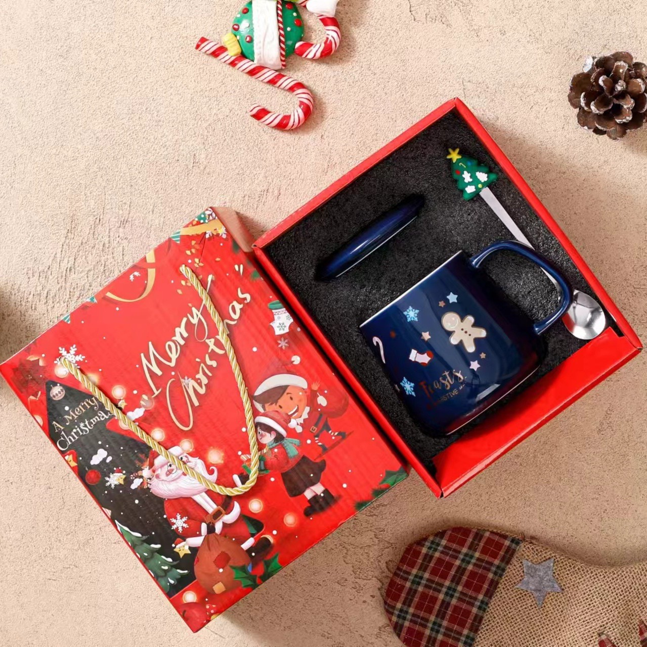 Juego de Tazas de Cerámica con Tapa y Cuchara, Taza para Agua, Regalo de Navidad, Recuerdo, Edición Limitada de Navidad