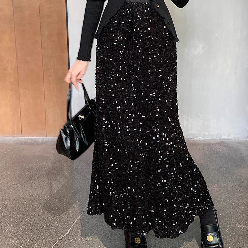 Heavy industry western style Korean style velvet Pearl sequined hip-wrapped draping high waist fashionable all-match mid-length slimming fishtail skirt
