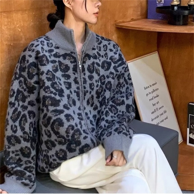设计感复古软糯豹纹针织开衫小众毛衣外套女秋冬慵懒风宽松上衣服|undefined