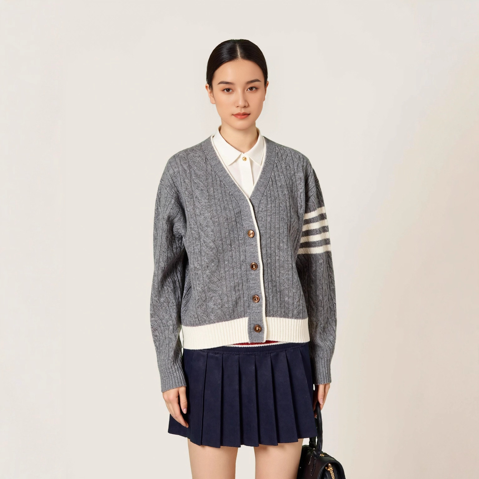 设计感休闲V领针织开衫上衣女秋季百搭显瘦时尚复古撞色长袖毛衣