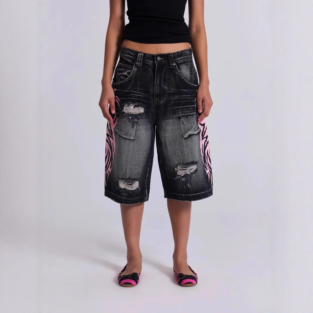 European and American Cross-Border Jadedlonden Style Retro Pattern Printed Washed Ripped Denim Shorts for Women Cotton