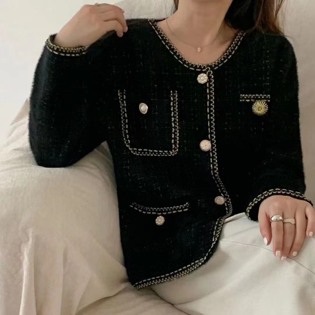 Moda Chanel estilo de punto cardigan suéter Otoño e Invierno Nuevo estilo Faux visón terciopelo cuello redondo oro seda Plaid todo-coincidencia abrigo para mujeres