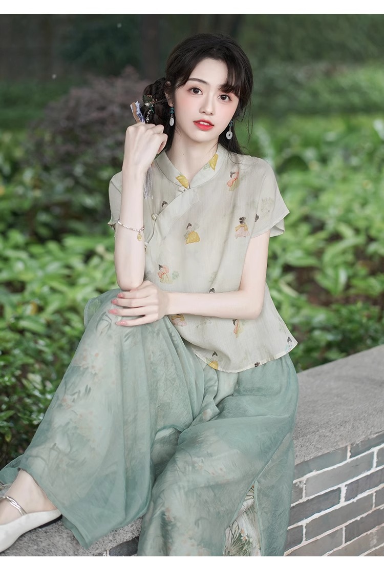 Áo sơ mi in hoa cổ điển kiểu Trung Quốc mùa hè, cổ đứng, tay ngắn, phong cách quốc phong — Áo chi tiết 16