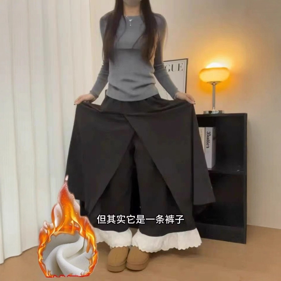 灰色蕾丝花边加绒阔腿裤女秋冬2025新款高腰显瘦休闲毛呢半身裙裤