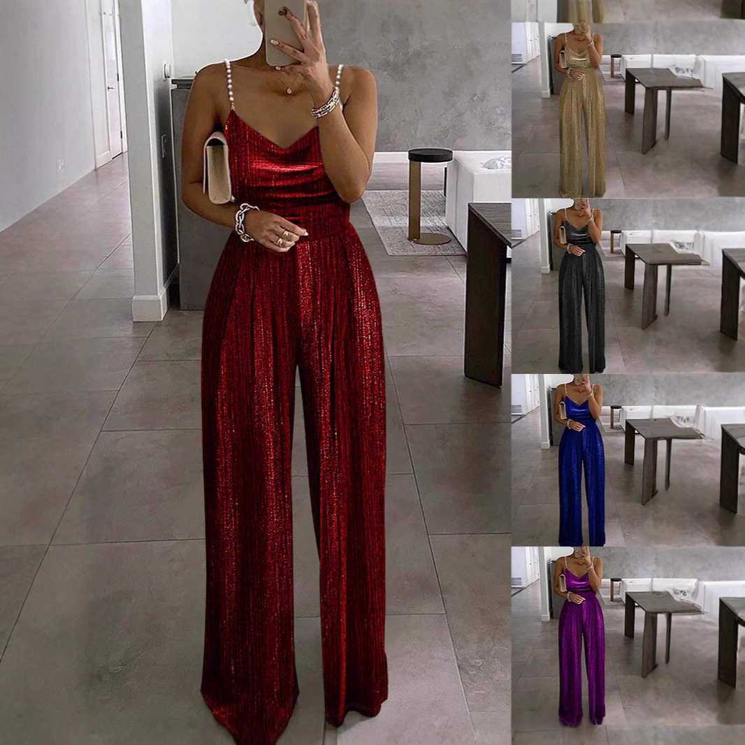 2025 Spring and Summer New Cross-Border European and American Clothing Wish Wide-Leg Pants Waist Dress Elegant Suspender Bead Jumpsuit