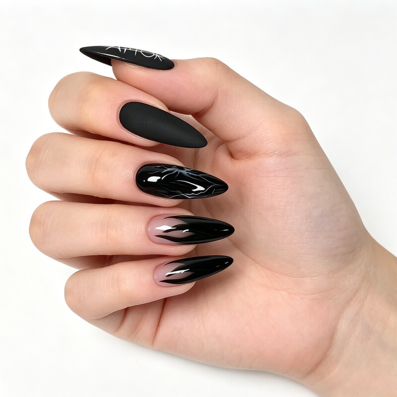 Fake nails with dark culture contrasting colors, marble pattern, flame, French rune, mysterious symbols, wearable nail art pieces Fake nails with dark culture contrasting colors, marble pattern, flame, French rune, mysterious symbols, wearable nail art pieces