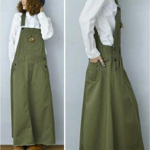 Vestido de correa de estilo coreano 2024 nuevo vestido largo de mujer verde militar tendencia bolsillo gran swing falda moda todo fósforo