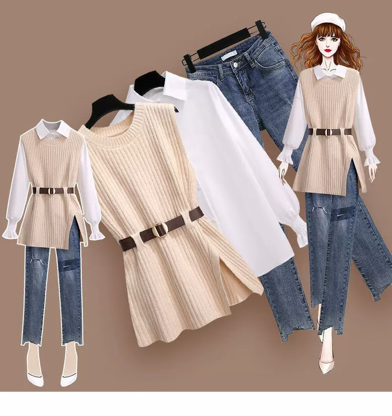 2022春季新款胖妹妹洋气马甲衬衫高腰显瘦牛仔裤三件套装