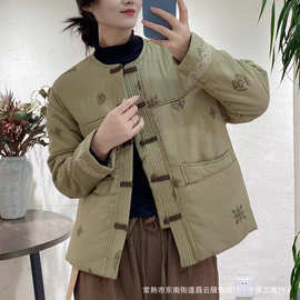 圆领盘扣棉麻棉袄复古印花夹棉外套女2025冬季宽松保暖棉服女