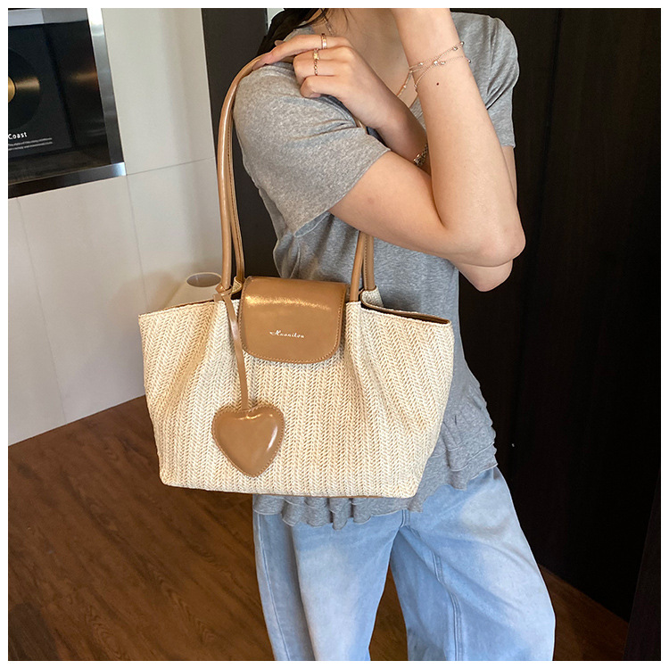 French niche straw woven large-capacity tote bag for women 2025 summer casual vacation beach woven single-shoulder bag trend undefined