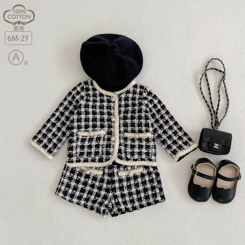 2025 Autumn Little Chanel Style Infant Toddler Baby Plaid Long Sleeve Cardigan Jacket + Open-Crotch Pants Two-Piece Set