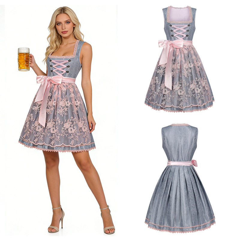 Source Factory German Oktoberfest Dirndl Dress Vintage Lace-Up Dress Bavarian Traditional Festival