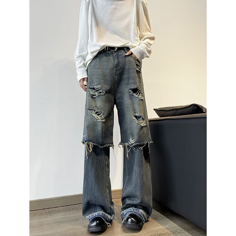 Unique Design Layered Fake Two-Piece Jeans for Men, Post-Apocalyptic Style, Distressed Patchwork Straight-Leg Casual Pants