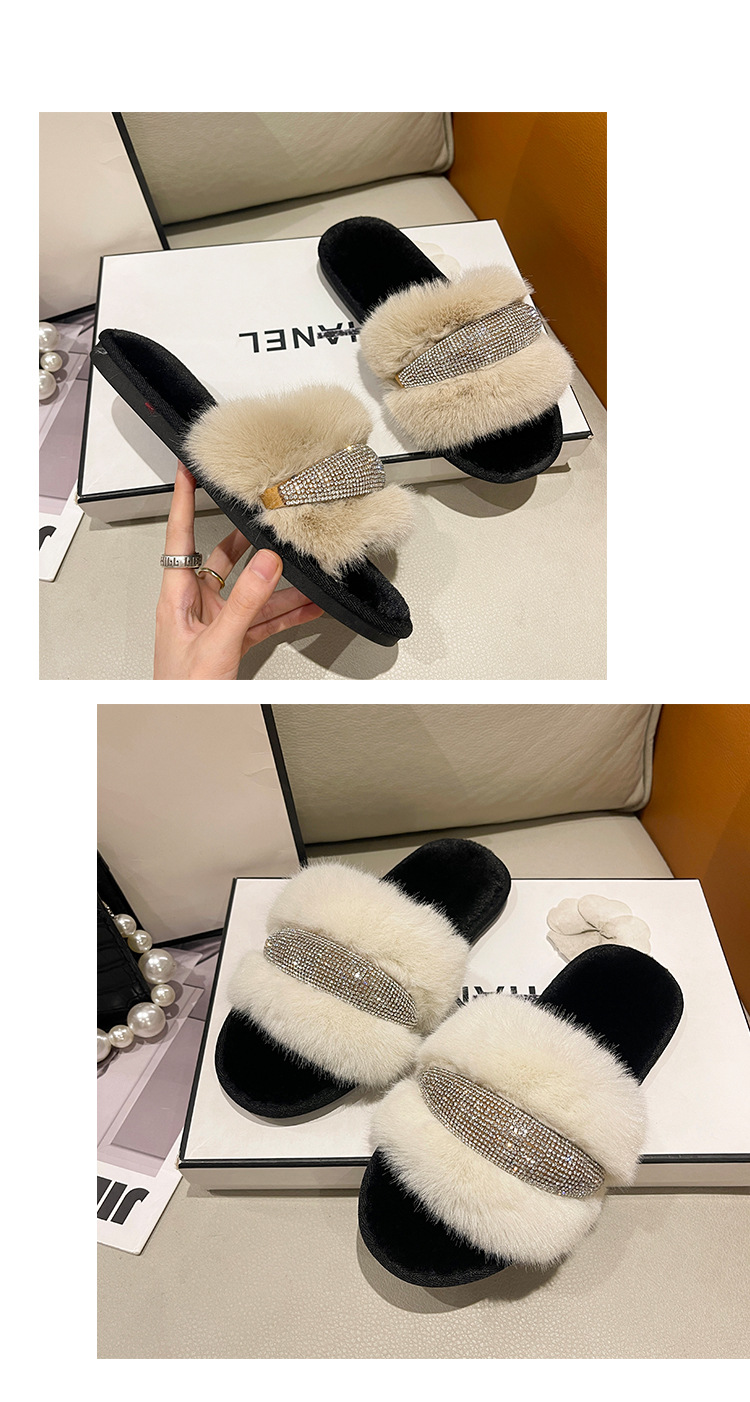 Pantofole piatte in cristallo di nuova pelliccia per il commercio estero con diamanti Moda donna alta e bassa in lana con apertura a una linea in cotone transfrontaliero_voghion.com