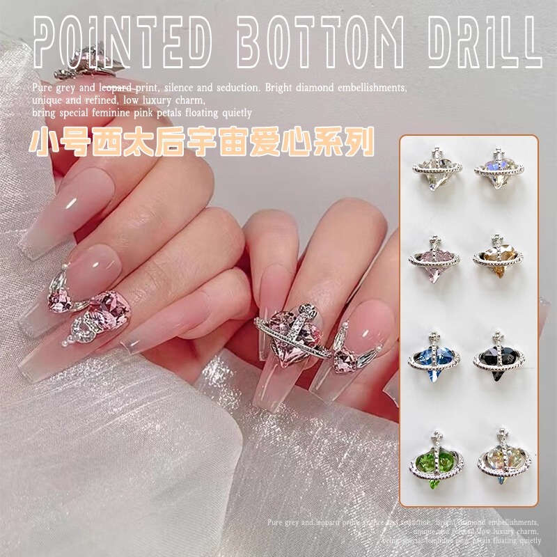 Trendy Western Empress Nail Art Alloy Jewelry New Three-Dimensional Crooked Peach Heart Inlaid with Diamonds Retro Nail Accessories Wholesale