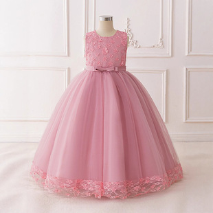 Children's Dress Princess Dress Cross-Border New Little Girl Long Wedding Dress Piano Performance Dress Bow Fluffy Dress